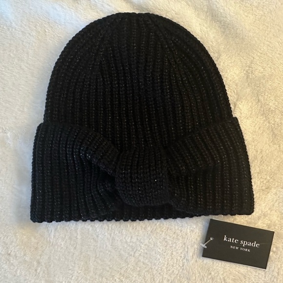NWT Kate Spade Black Shimmer Bow Beanie - Picture 5 of 6